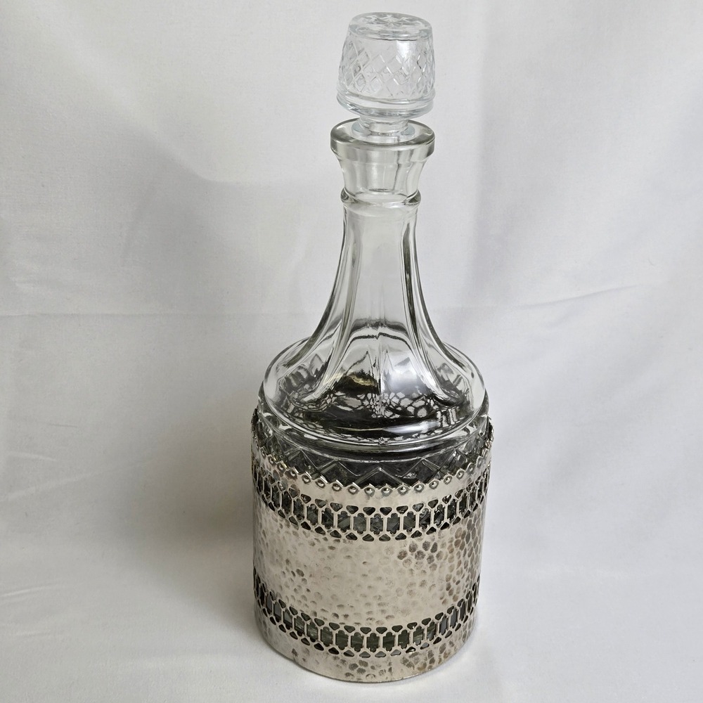 Glass Liquor Decanter, Decorative Silver Tone Hammered Metal Caddy 11" Vintage - Picture 9 of 16